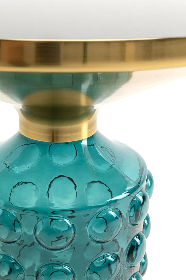 Turkusowy szklany stolik pomocniczy z okrągłym szklanym czarnym blatem i złotym wykończeniem