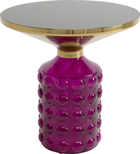 Fioletowy szklany stolik pomocniczy z okrągłym szklanym blatem i złotym wykończeniem