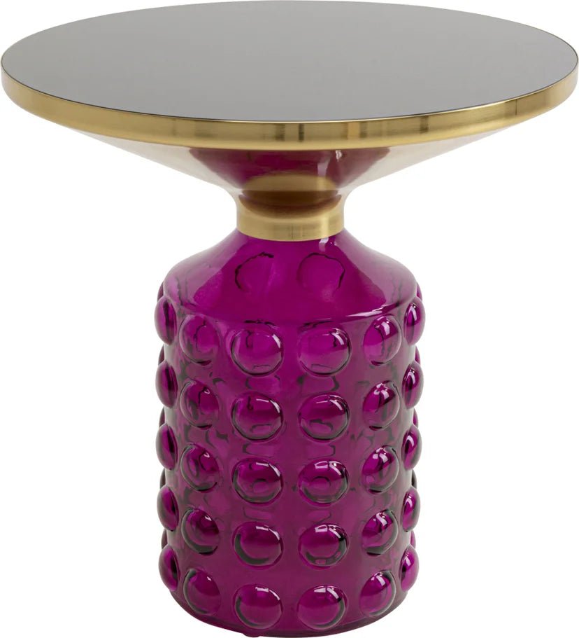 Fioletowy szklany stolik pomocniczy z okrągłym szklanym blatem i złotym wykończeniem