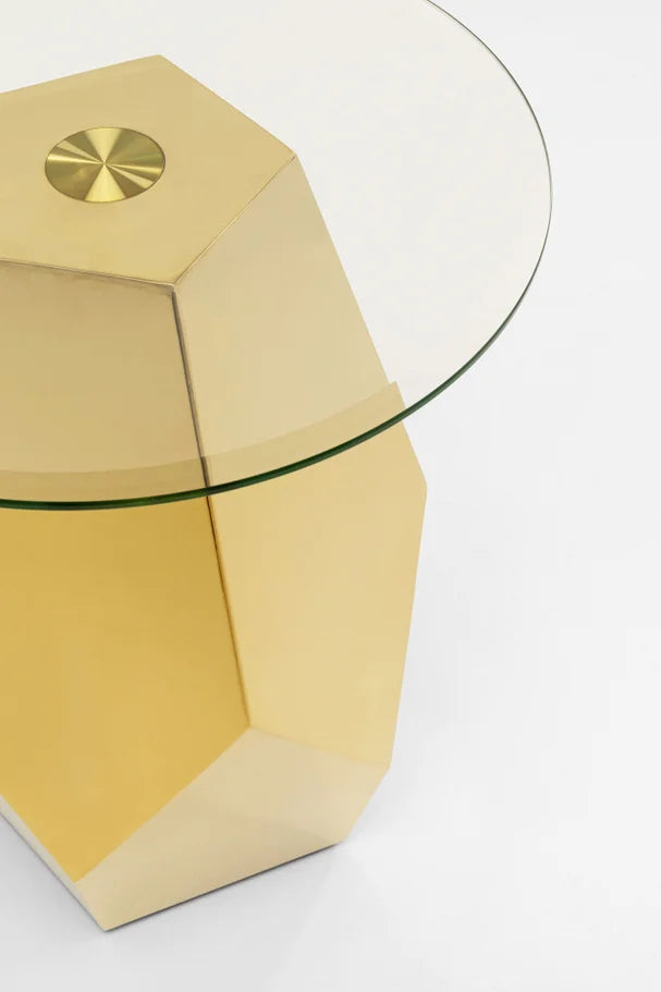 Stolik ze szklanym blatem, złota metalowa podstawa 