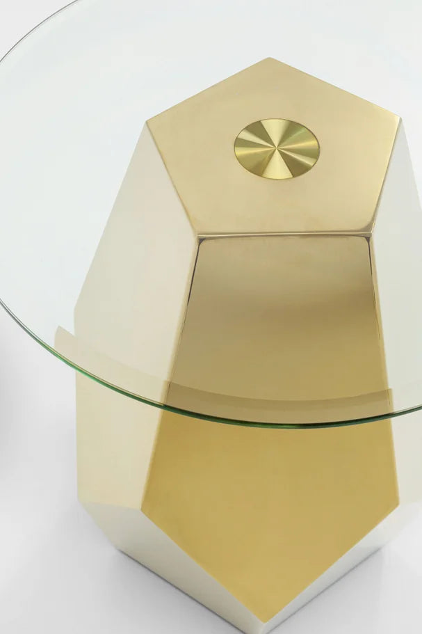 Stolik ze szklanym blatem, złota metalowa podstawa 