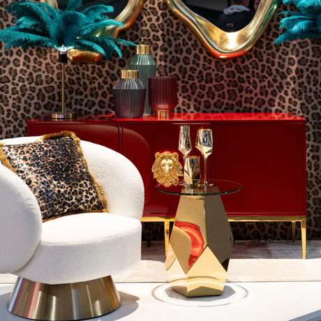 Stolik ze szklanym blatem, złota metalowa podstawa 