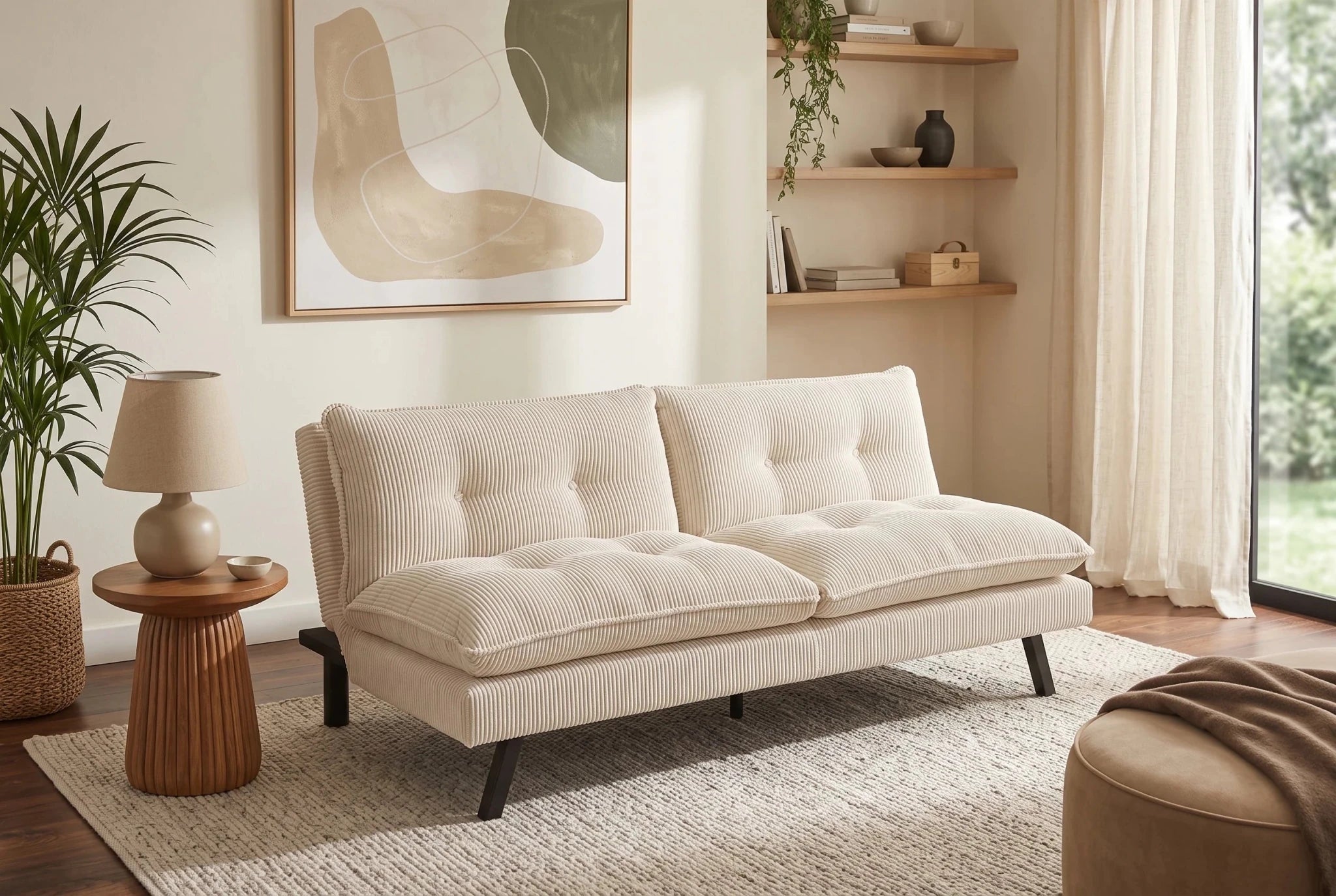 Beżowa sofa rozkładana 190 cm z tapicerką sztruksową i czarnymi nogami drewnianymi