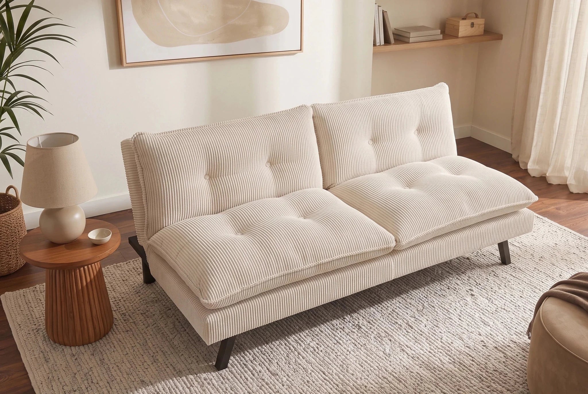 Beżowa sofa rozkładana 190 cm z tapicerką sztruksową i czarnymi nogami drewnianymi