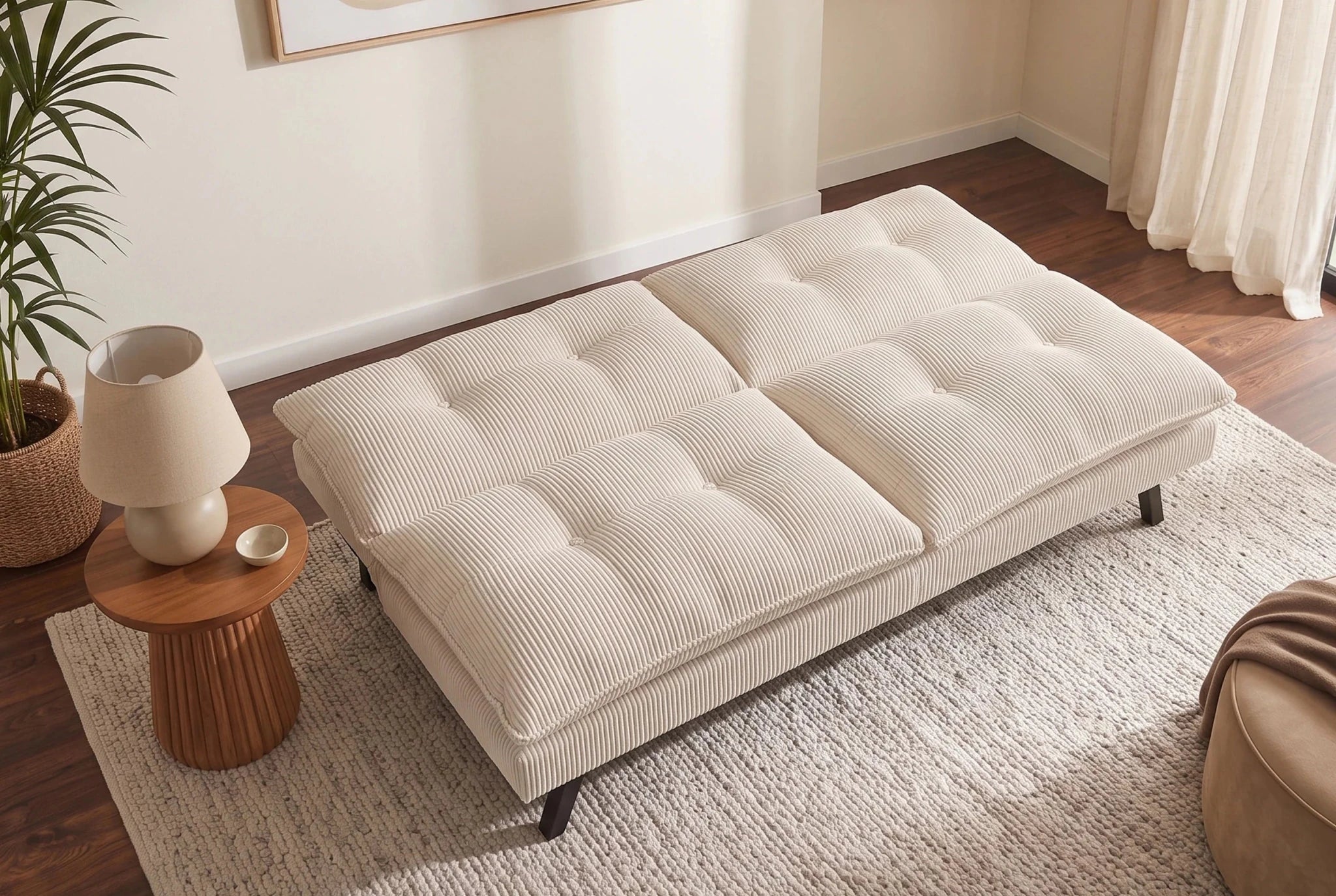 Beżowa sofa rozkładana 190 cm z tapicerką sztruksową i czarnymi nogami drewnianymi