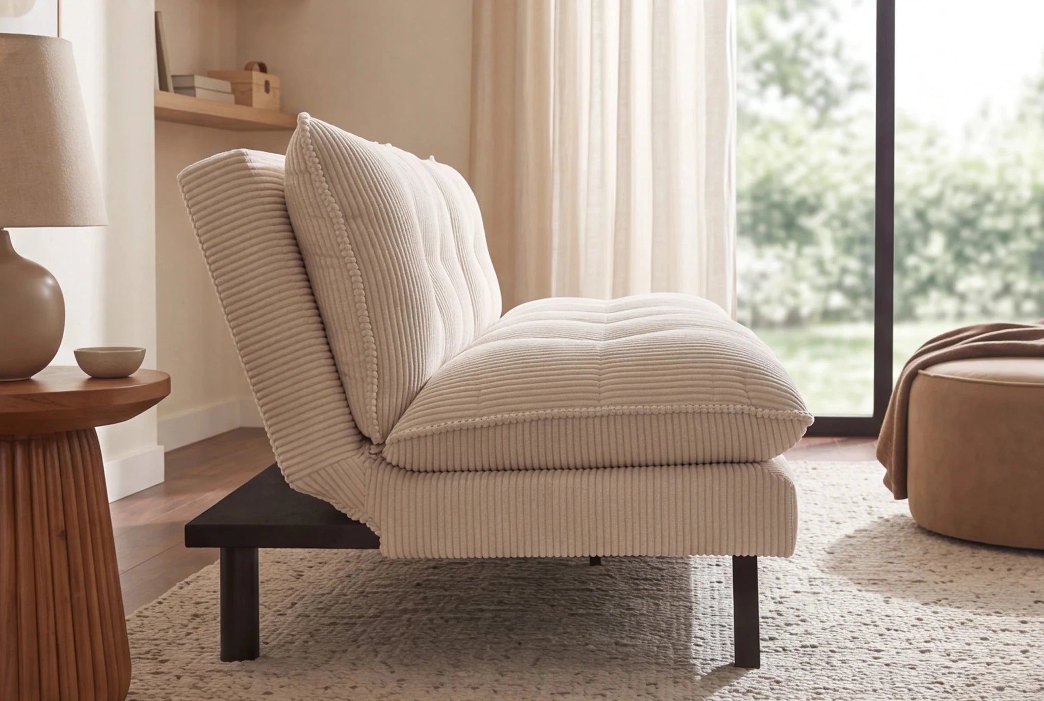 Beżowa sofa rozkładana 190 cm z tapicerką sztruksową i czarnymi nogami drewnianymi