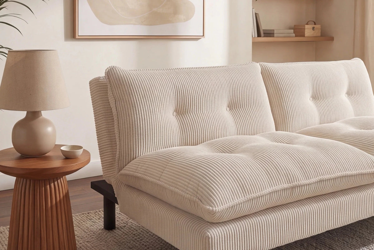 Beżowa sofa rozkładana 190 cm z tapicerką sztruksową i czarnymi nogami drewnianymi