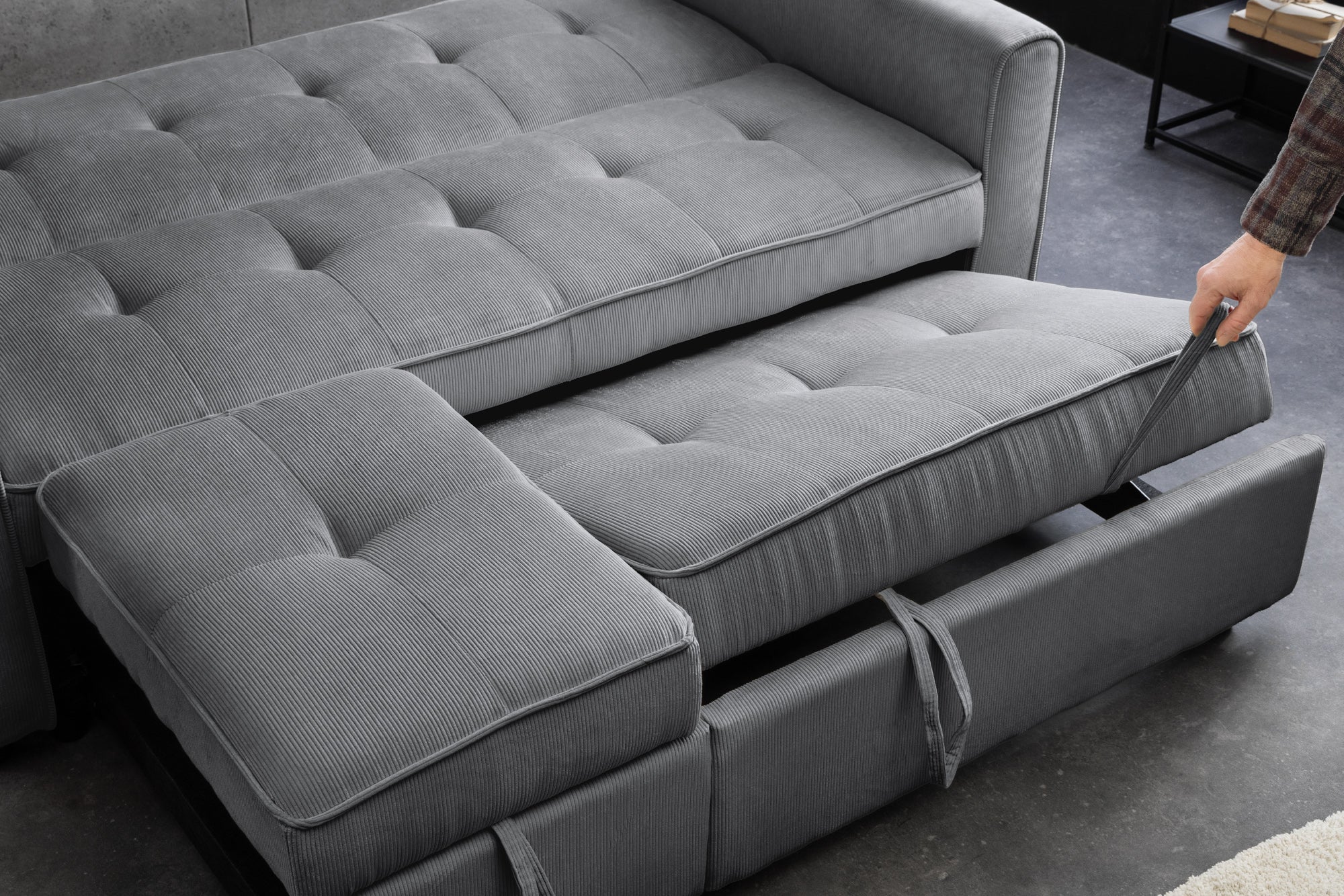 Sofa rozkładana 2-osobowa z funkcją spania, zielony sztruks, nowoczesny design