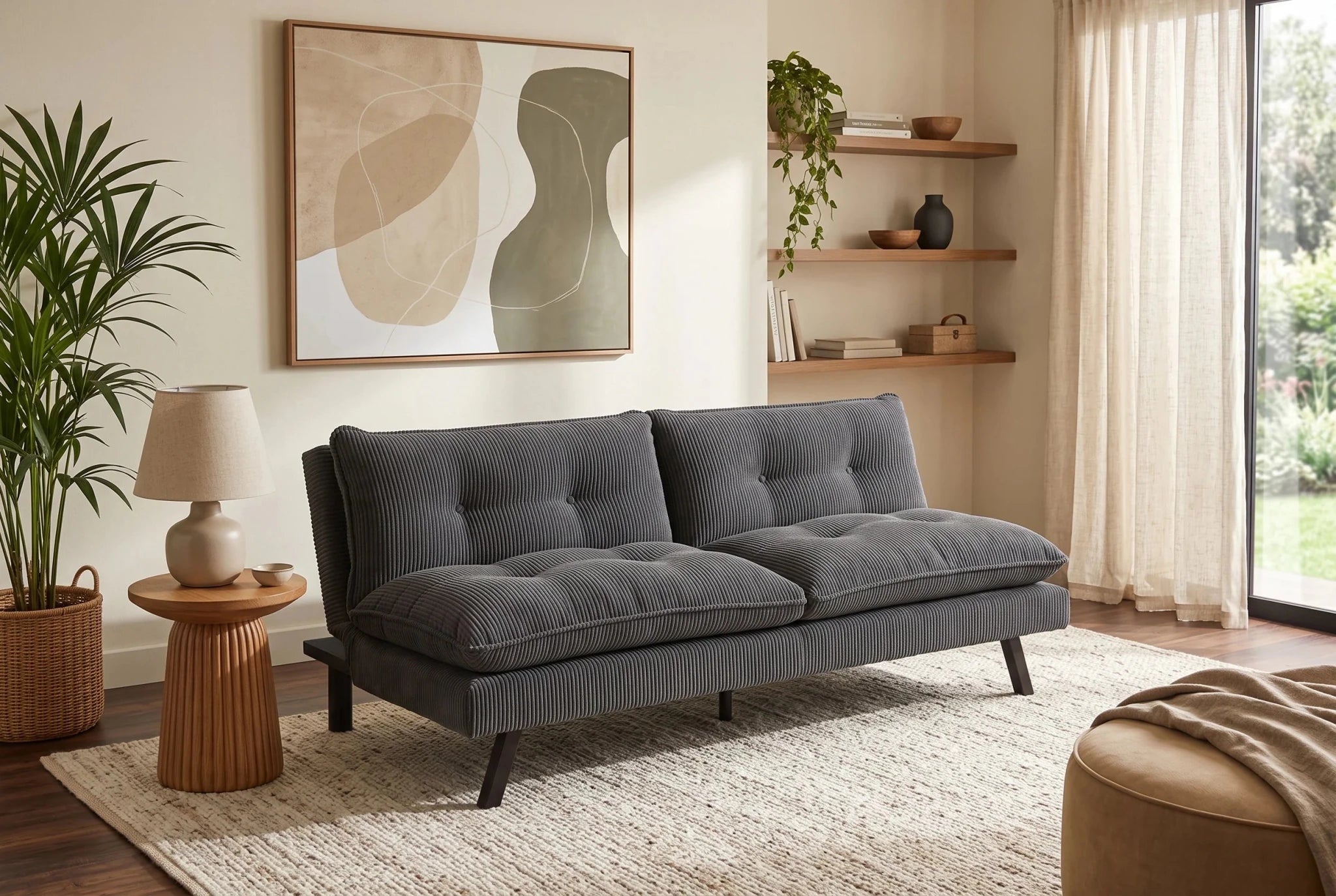 Szara sofa rozkładana 190 cm z tapicerką sztruksową i czarnymi nogami drewnianymi