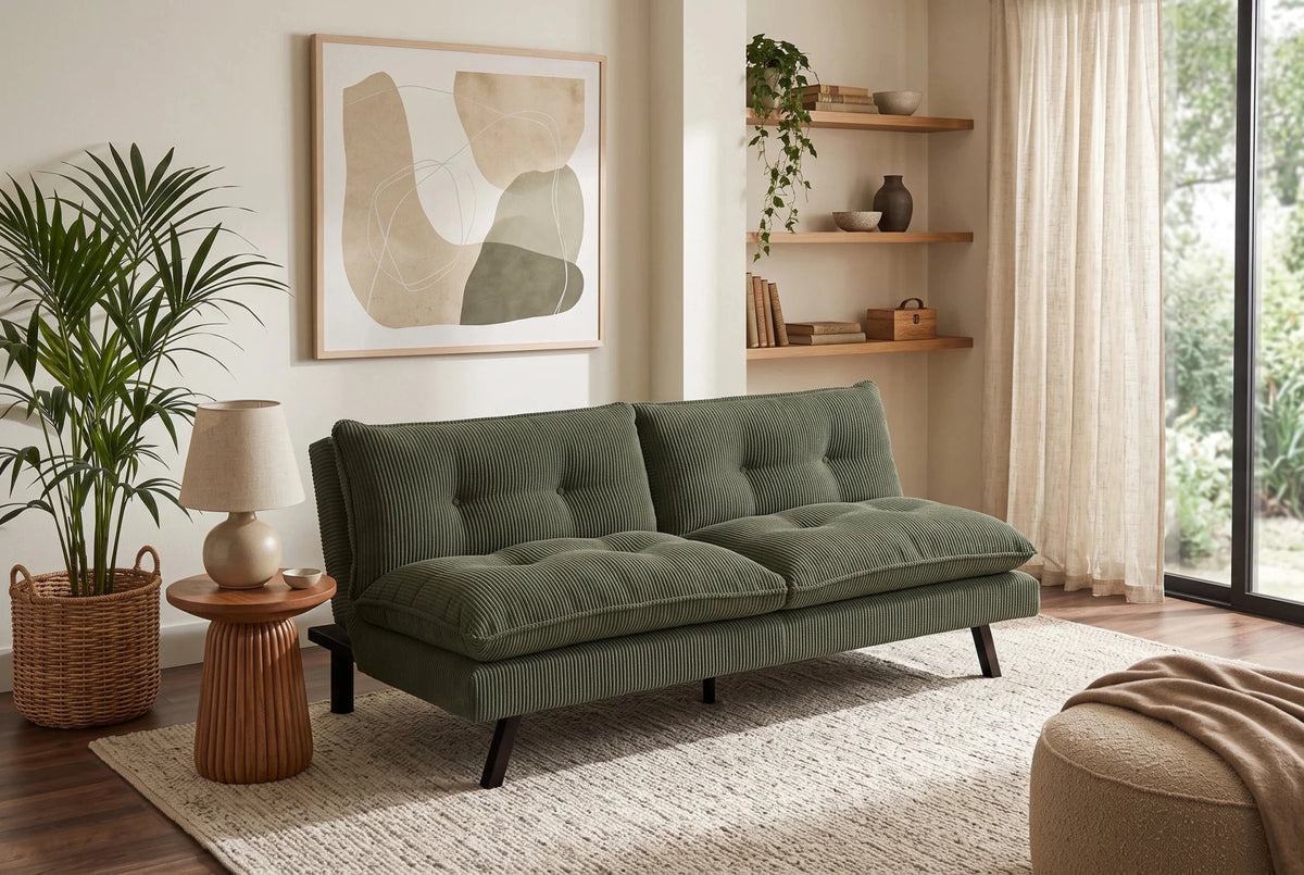 Zielona sofa rozkładana 190 cm z tapicerką sztruksową i czarnymi nogami drewnianymi
