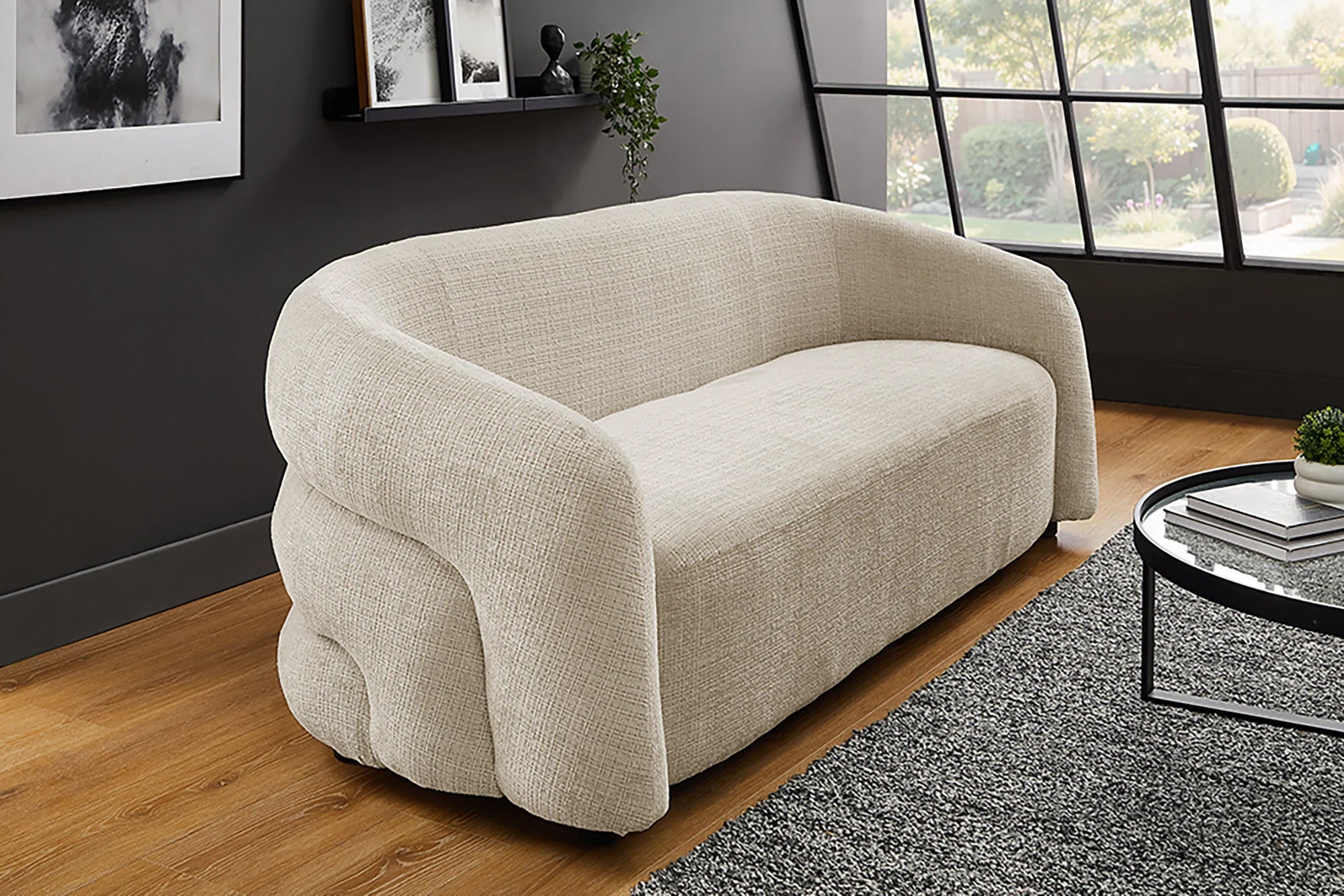 Sofa 3 osobowa szenilowa w kolorze beżowym, nowoczesny design