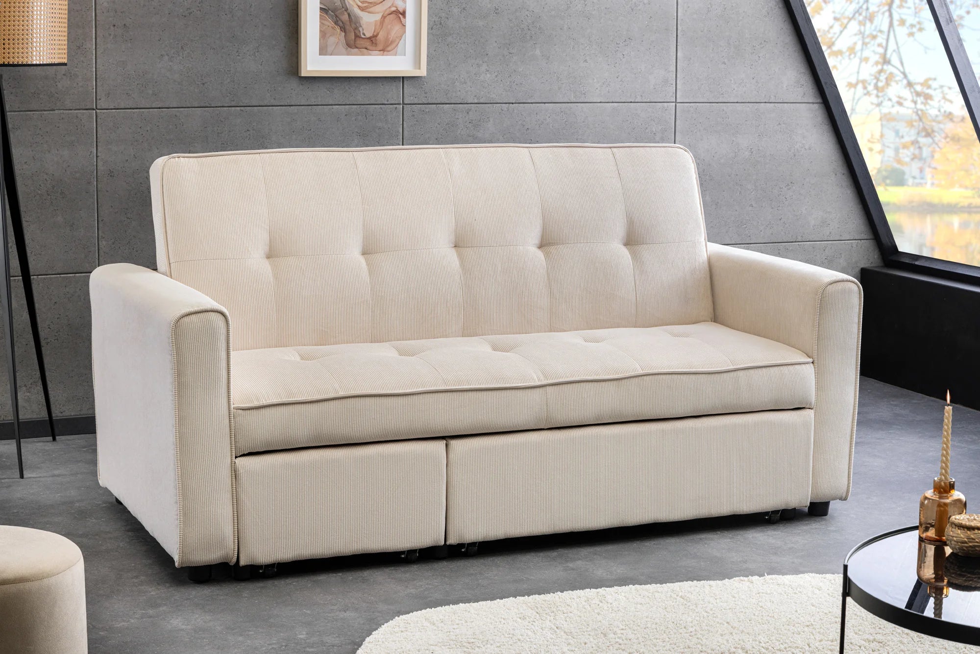 Sofa rozkładana 2-osobowa z funkcją spania, beżowy sztruks, nowoczesny design