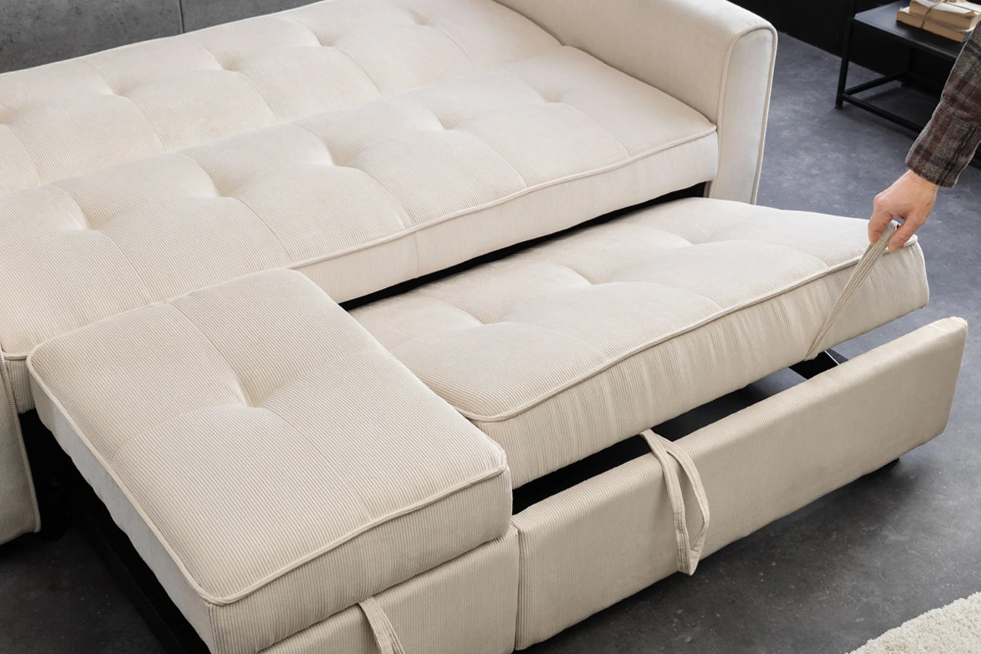 Sofa rozkładana 2-osobowa z funkcją spania, beżowy sztruks, nowoczesny design