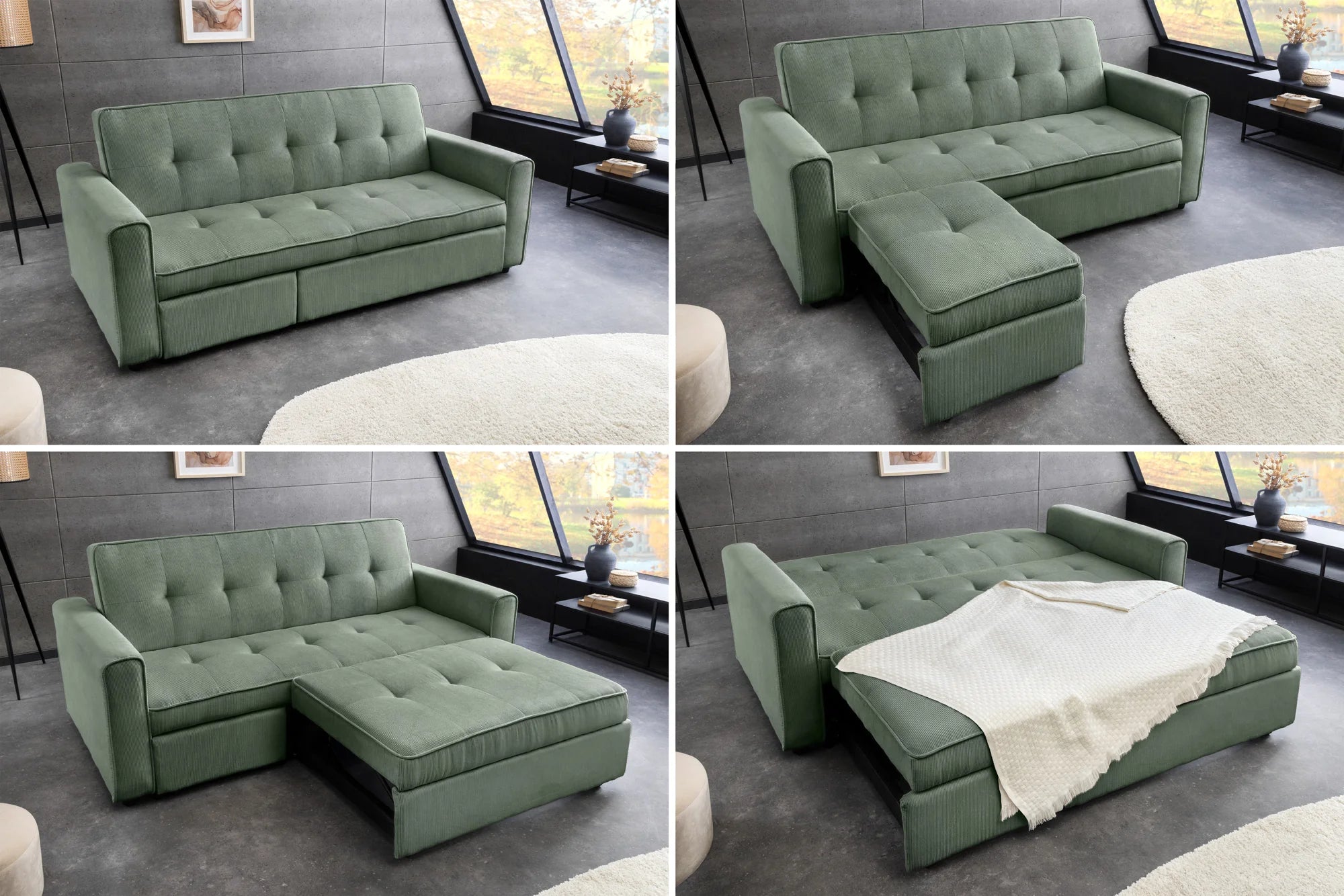 Sofa rozkładana 2-osobowa z funkcją spania, zielony sztruks, nowoczesny design