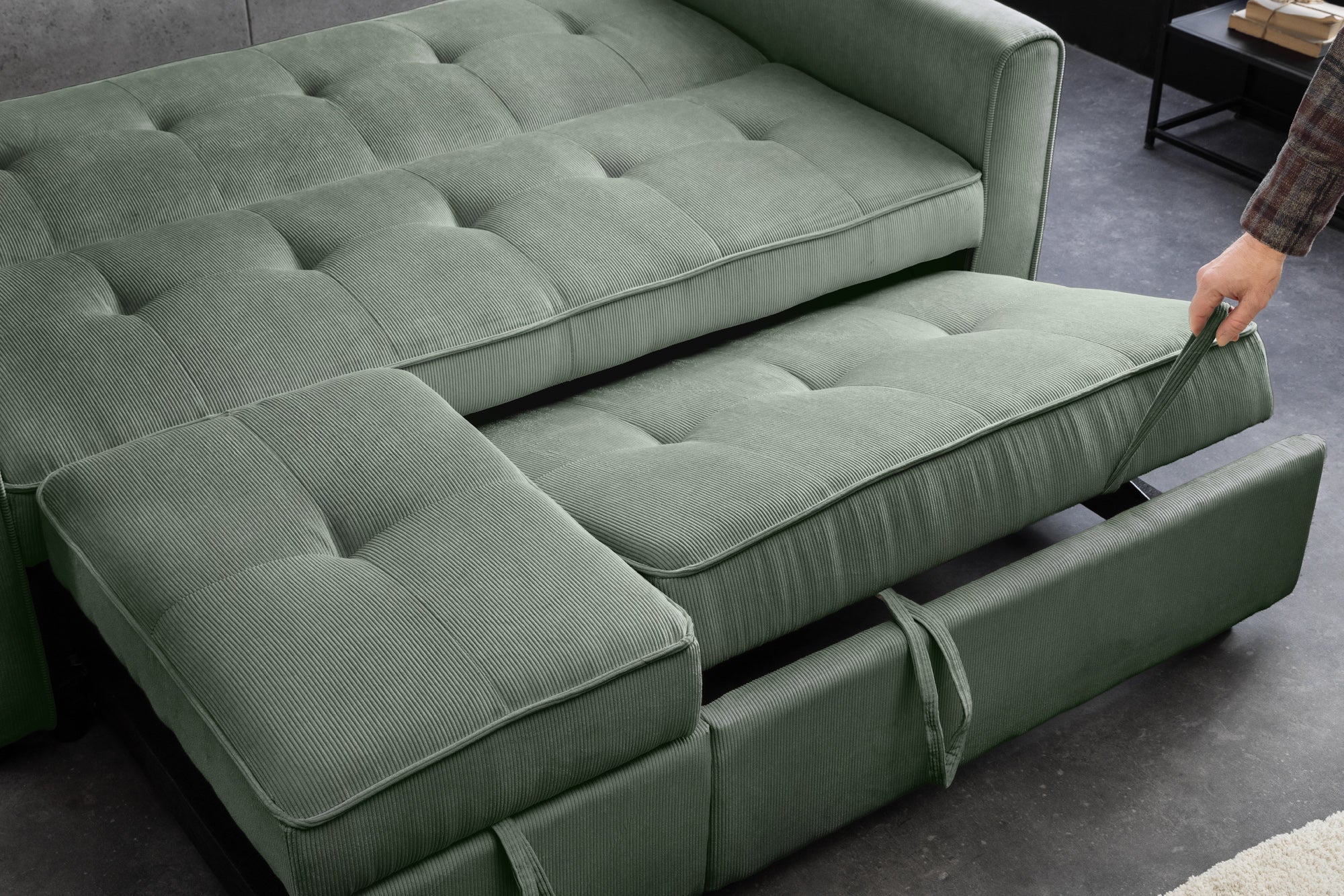 Sofa rozkładana 2-osobowa z funkcją spania, zielony sztruks, nowoczesny design