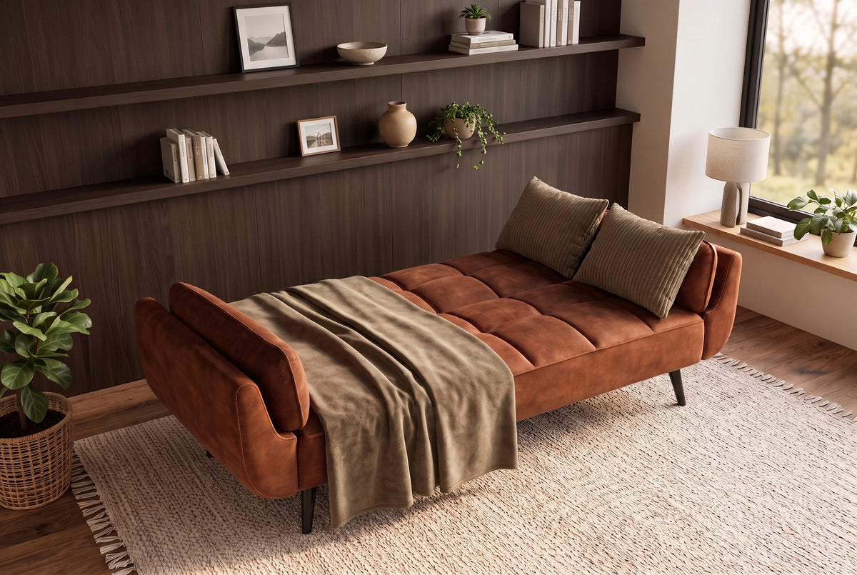Brązowa sofa BOUTIQUE 215 cm w tkaninie velvet z rozkładanym oparciem i czarnymi metalowymi nóżkami