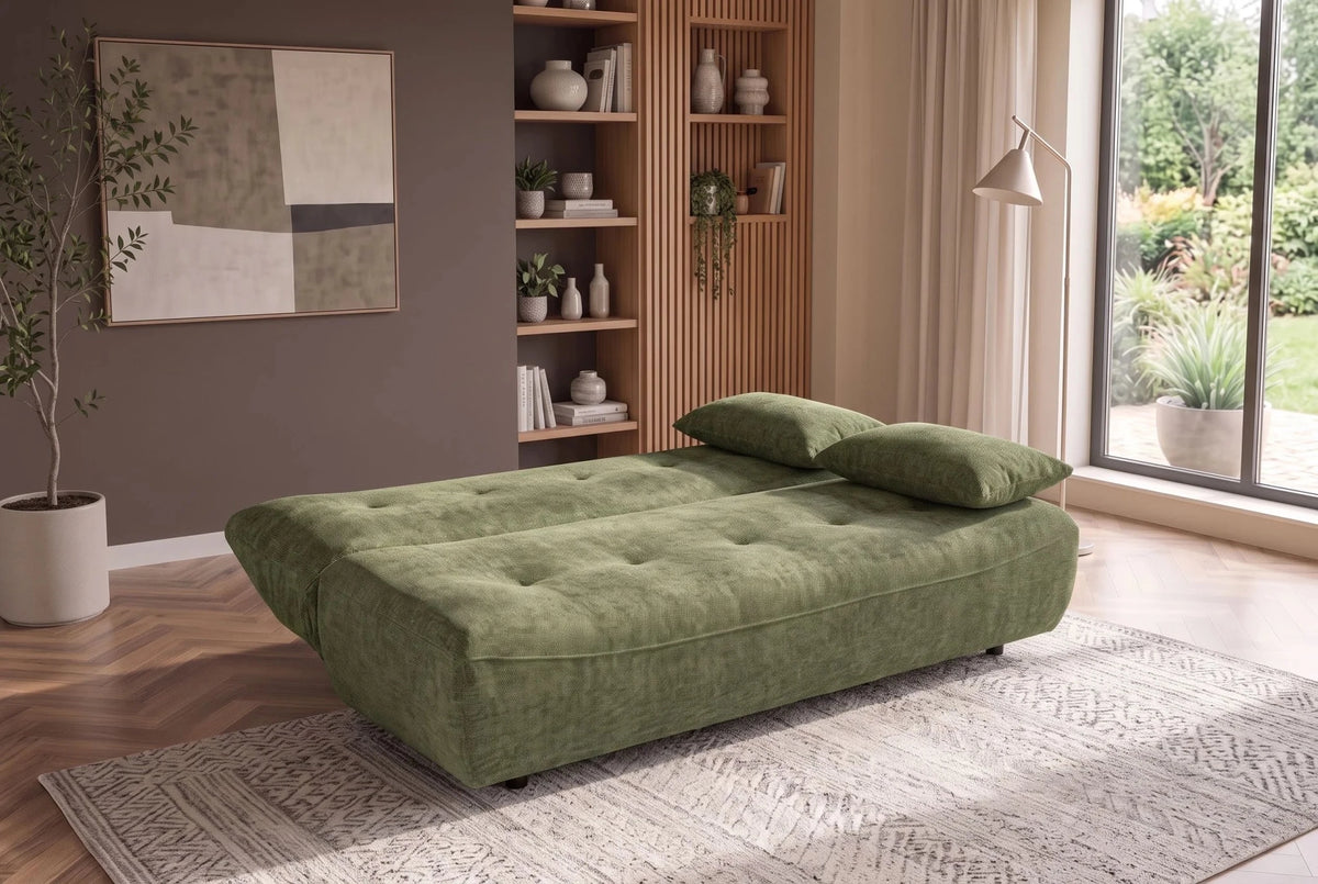 Zielona sofa 200 cm z funkcją spania w tkaninie chenille z dwiema poduszkami dekoracyjnymi