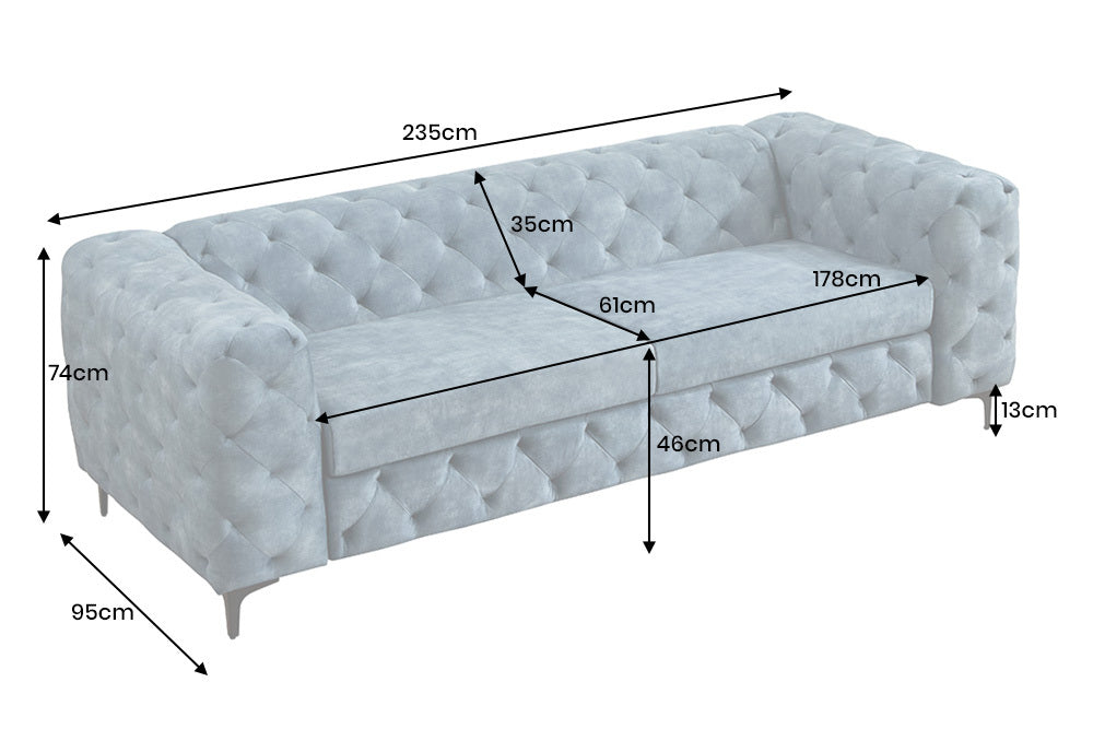 Nowoczesna zielona sofa 3-osobowa 235 cm z aksamitną tapicerką i pikowaniem Chesterfield do salonu