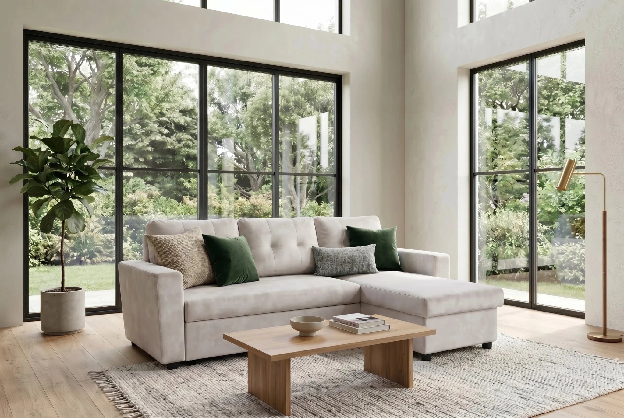 Nowoczesna beżowa sofa narożna z aksamitną tapicerką i czarnymi nogami do salonu
