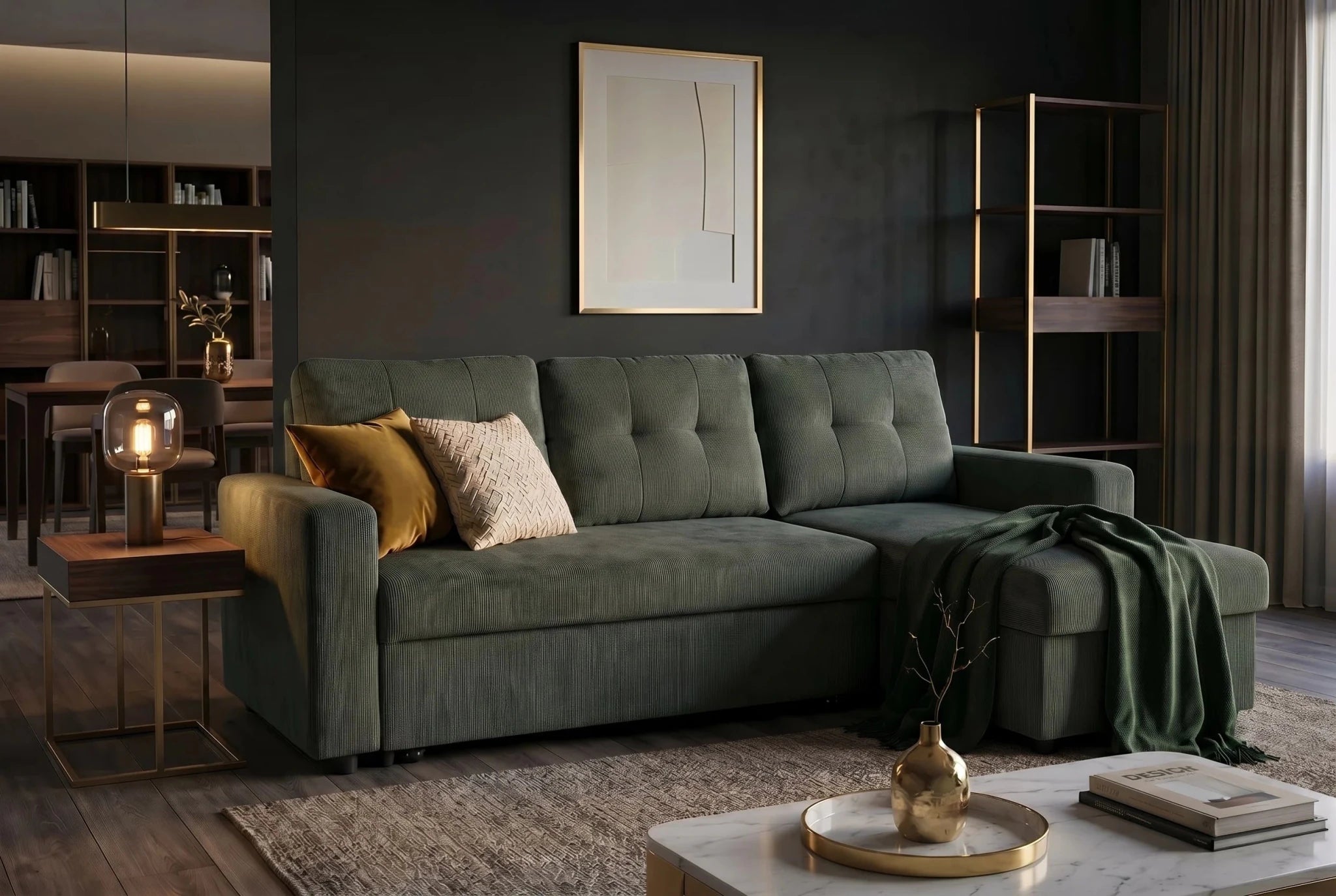 Nowoczesna sofa rozkładana 202 cm do salonu, tkanina sztruks