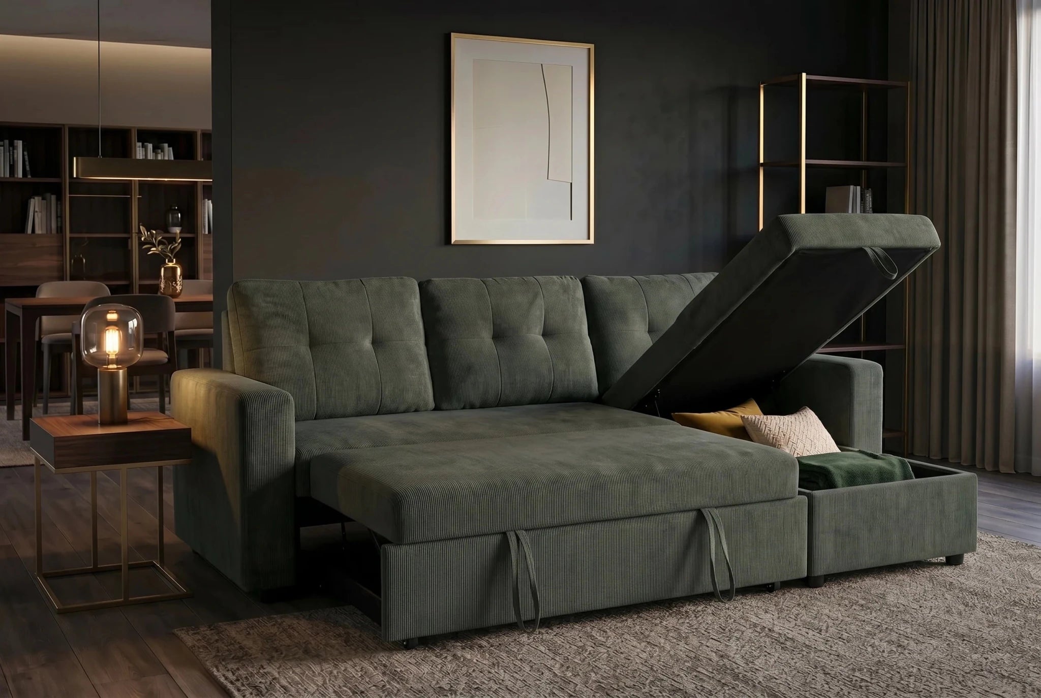 Nowoczesna sofa rozkładana 202 cm do salonu, tkanina sztruks