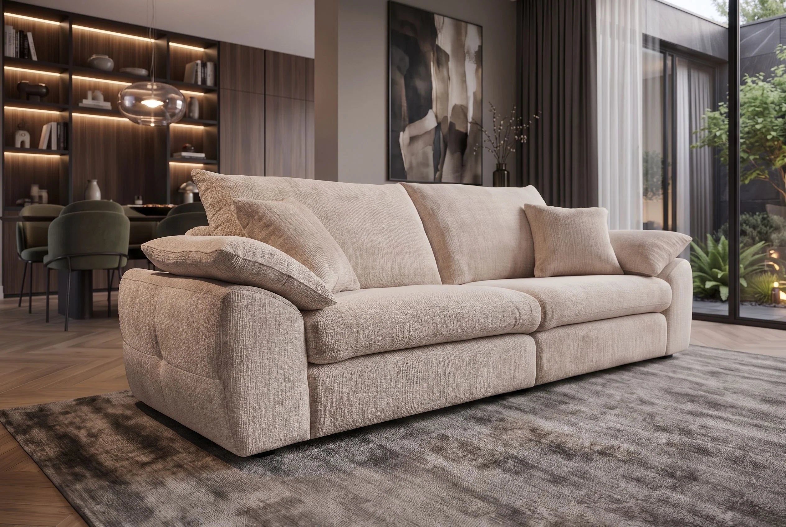 Beżowa sofa 260 cm w tkaninie szenilowej z miękkimi poduszkami do nowoczesnego salonu.