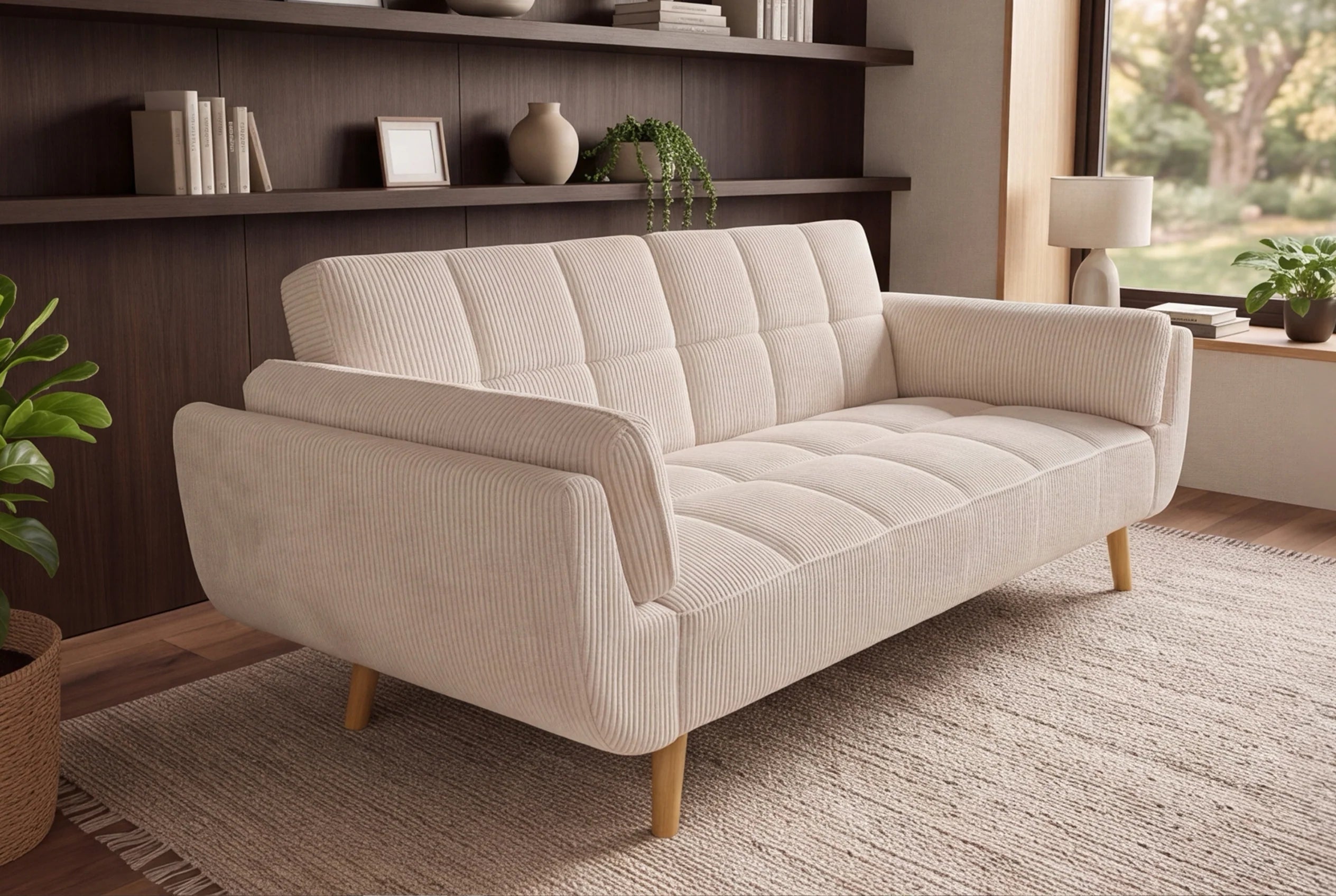 Beżowa sofa BOUTIQUE 215 cm w tkaninie sztruksowej z rozkładanym oparciem i drewnianymi nóżkami