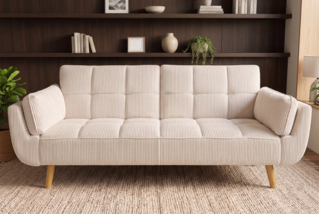 Beżowa sofa BOUTIQUE 215 cm w tkaninie sztruksowej z rozkładanym oparciem i drewnianymi nóżkami