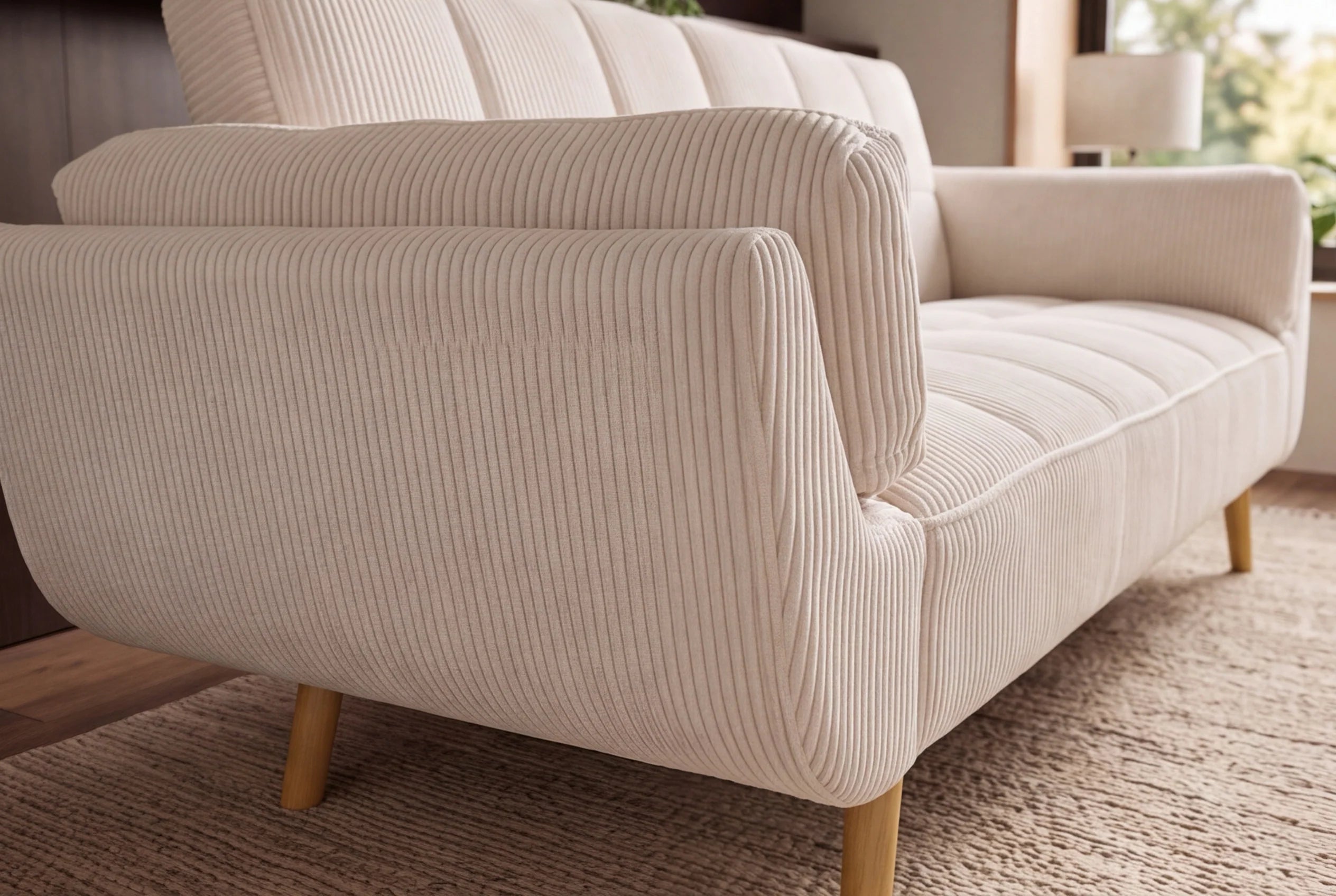 Beżowa sofa BOUTIQUE 215 cm w tkaninie sztruksowej z rozkładanym oparciem i drewnianymi nóżkami