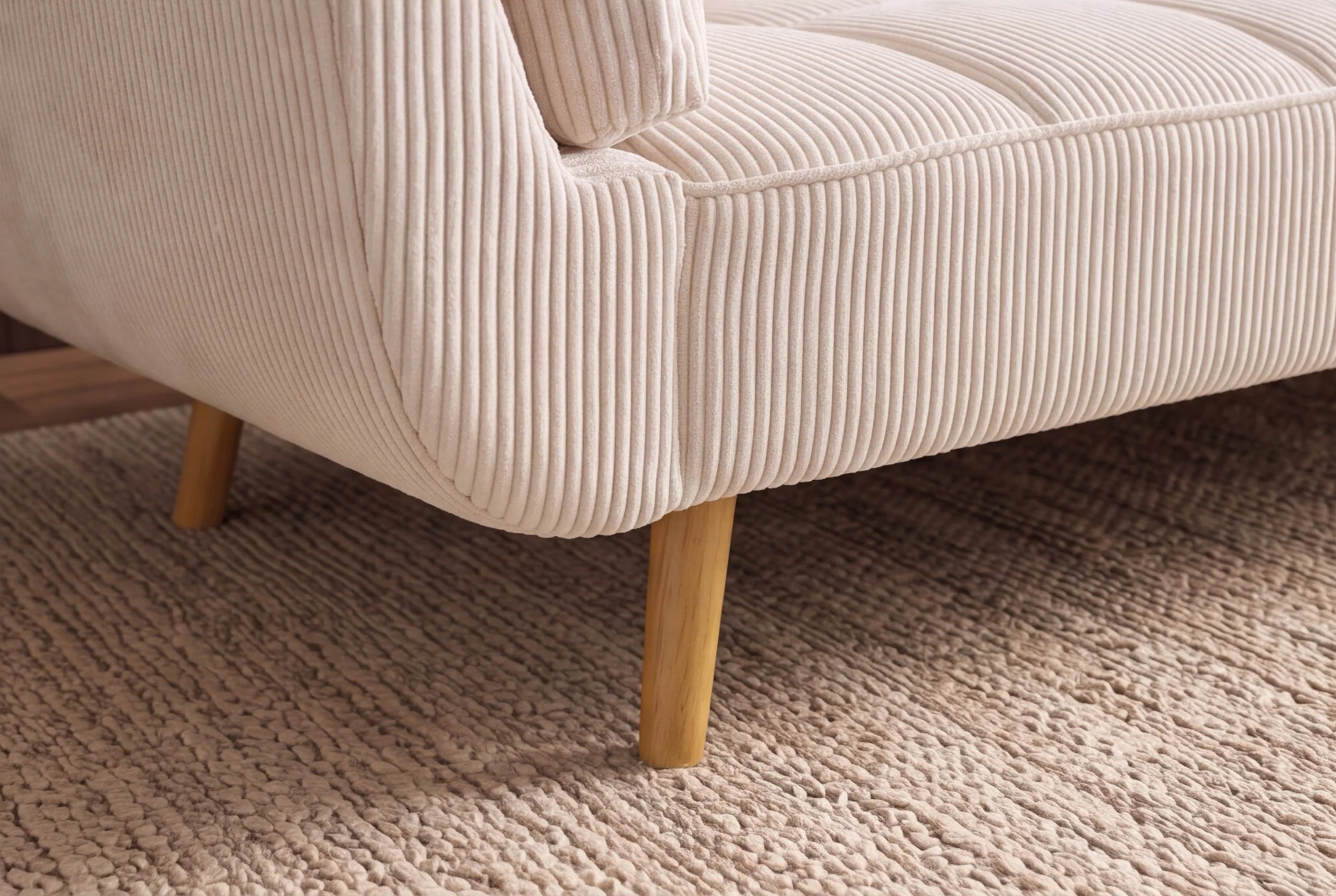 Beżowa sofa BOUTIQUE 215 cm w tkaninie sztruksowej z rozkładanym oparciem i drewnianymi nóżkami