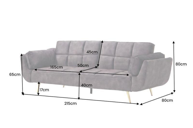 Szara sofa BOUTIQUE 215 cm w tkaninie velvet z rozkładanym oparciem i metalowymi nóżkami