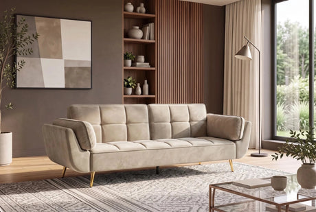 Beżowa sofa BOUTIQUE 215 cm w tkaninie velvet z rozkładanym oparciem i złotymi metalowymi nóżkami