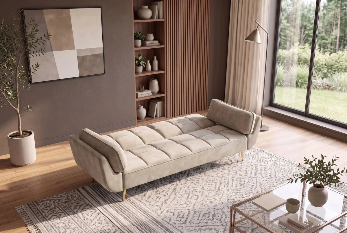 Beżowa sofa BOUTIQUE 215 cm w tkaninie velvet z rozkładanym oparciem i złotymi metalowymi nóżkami
