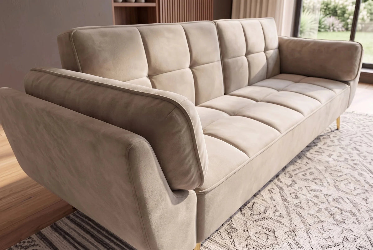 Beżowa sofa BOUTIQUE 215 cm w tkaninie velvet z rozkładanym oparciem i złotymi metalowymi nóżkami