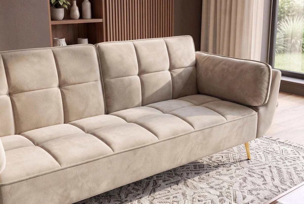 Beżowa sofa BOUTIQUE 215 cm w tkaninie velvet z rozkładanym oparciem i złotymi metalowymi nóżkami
