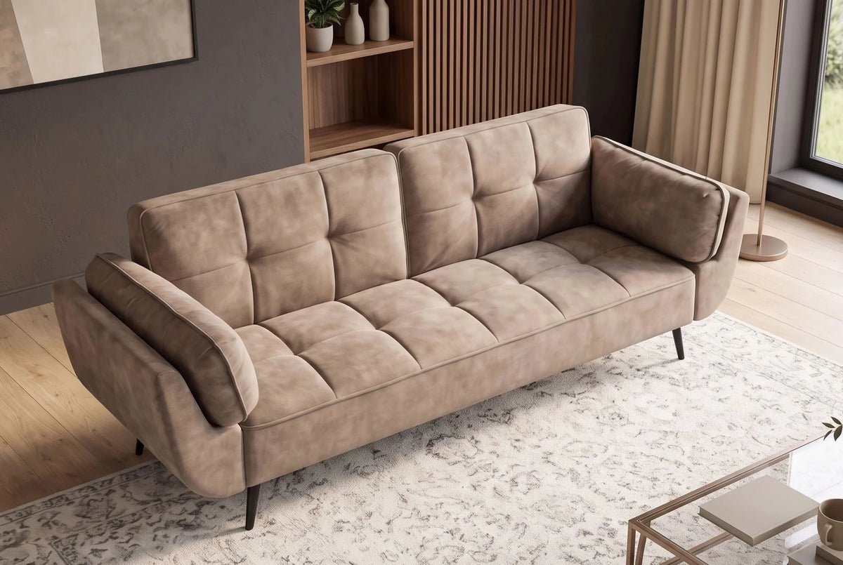 Beżowa sofa BOUTIQUE 215 cm w tkaninie velvet z rozkładanym oparciem i metalowymi nóżkami