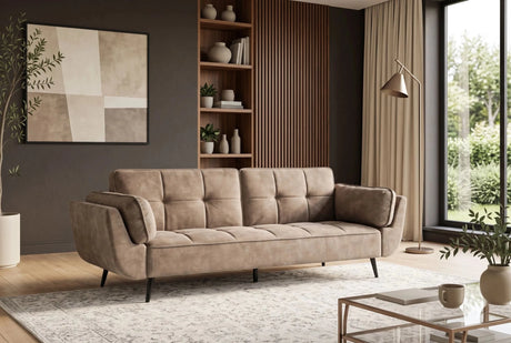 Beżowa sofa BOUTIQUE 215 cm w tkaninie velvet z rozkładanym oparciem i metalowymi nóżkami
