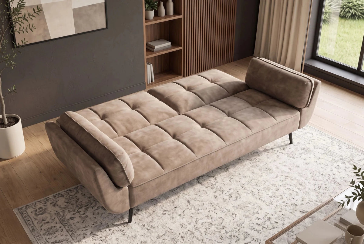 Beżowa sofa BOUTIQUE 215 cm w tkaninie velvet z rozkładanym oparciem i metalowymi nóżkami
