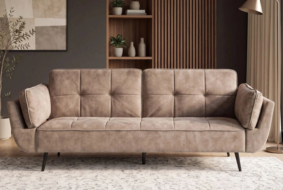 Beżowa sofa BOUTIQUE 215 cm w tkaninie velvet z rozkładanym oparciem i metalowymi nóżkami