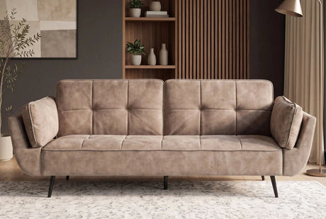Beżowa sofa BOUTIQUE 215 cm w tkaninie velvet z rozkładanym oparciem i metalowymi nóżkami
