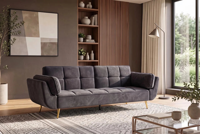 Szara sofa BOUTIQUE 215 cm w tkaninie velvet z rozkładanym oparciem i metalowymi nóżkami