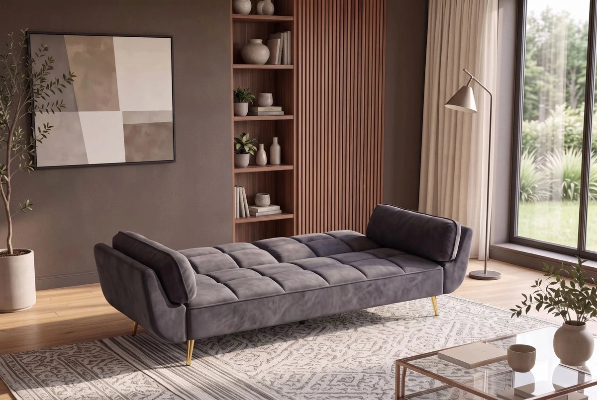 Szara sofa BOUTIQUE 215 cm w tkaninie velvet z rozkładanym oparciem i metalowymi nóżkami