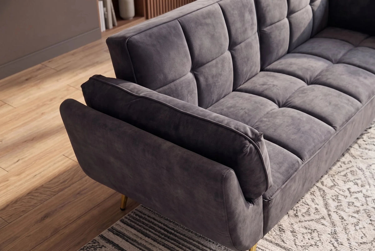 Szara sofa BOUTIQUE 215 cm w tkaninie velvet z rozkładanym oparciem i metalowymi nóżkami