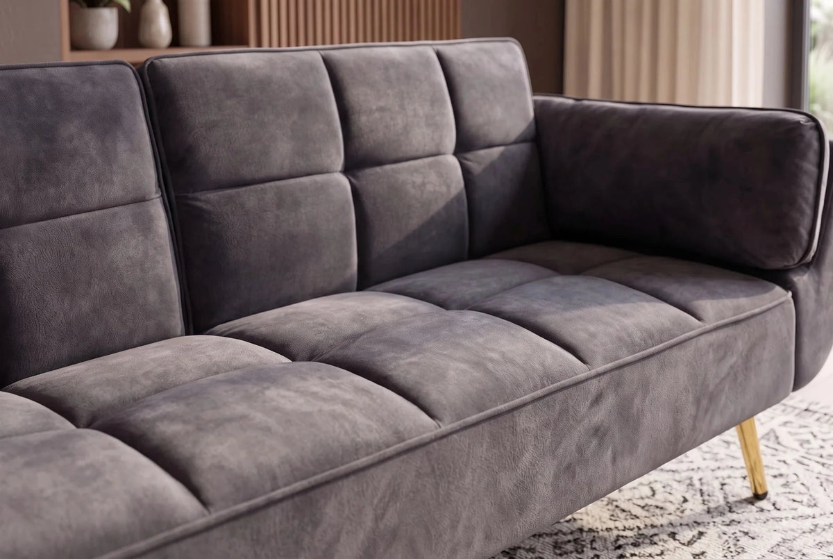 Szara sofa BOUTIQUE 215 cm w tkaninie velvet z rozkładanym oparciem i metalowymi nóżkami