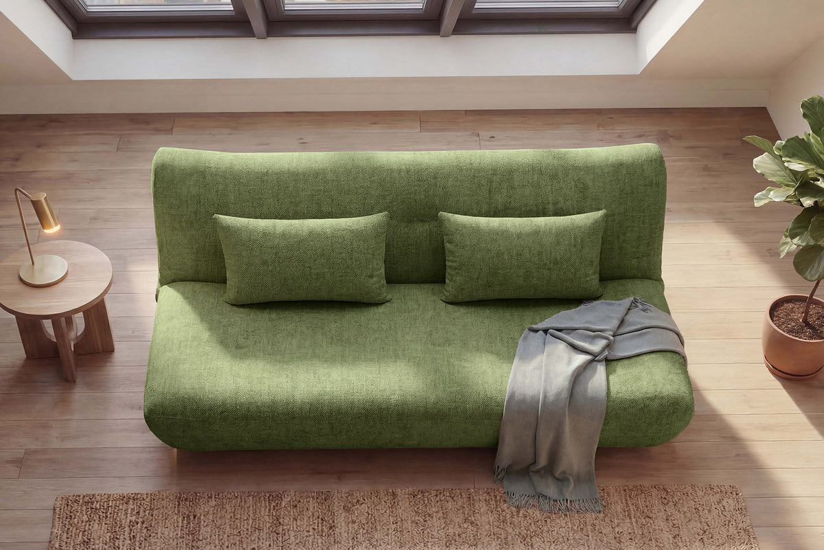 Zielona sofa 200 cm z funkcją spania w tkaninie chenille z dwiema poduszkami dekoracyjnymi