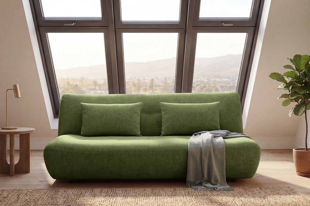 Zielona sofa 200 cm z funkcją spania w tkaninie chenille z dwiema poduszkami dekoracyjnymi