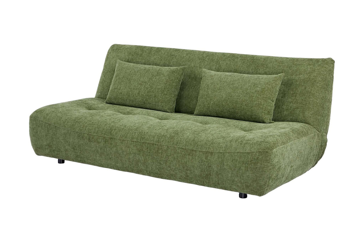 Zielona sofa 200 cm z funkcją spania w tkaninie chenille z dwiema poduszkami dekoracyjnymi