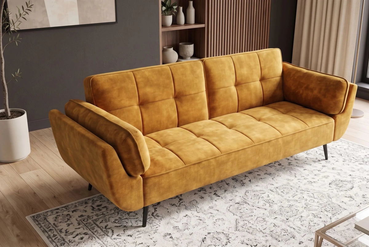 Żółta sofa BOUTIQUE 215 cm w tkaninie velvet z rozkładanym oparciem i metalowymi nóżkami