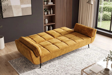 Żółta sofa BOUTIQUE 215 cm w tkaninie velvet z rozkładanym oparciem i metalowymi nóżkami