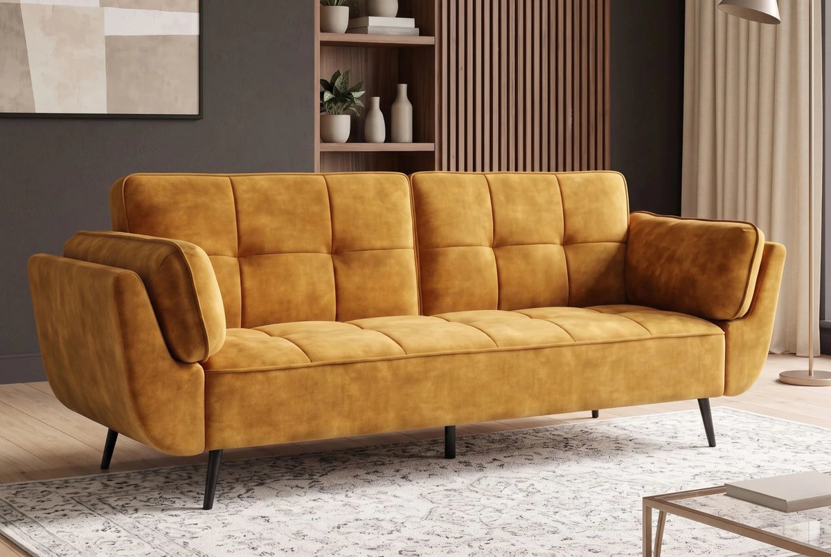 Żółta sofa BOUTIQUE 215 cm w tkaninie velvet z rozkładanym oparciem i metalowymi nóżkami